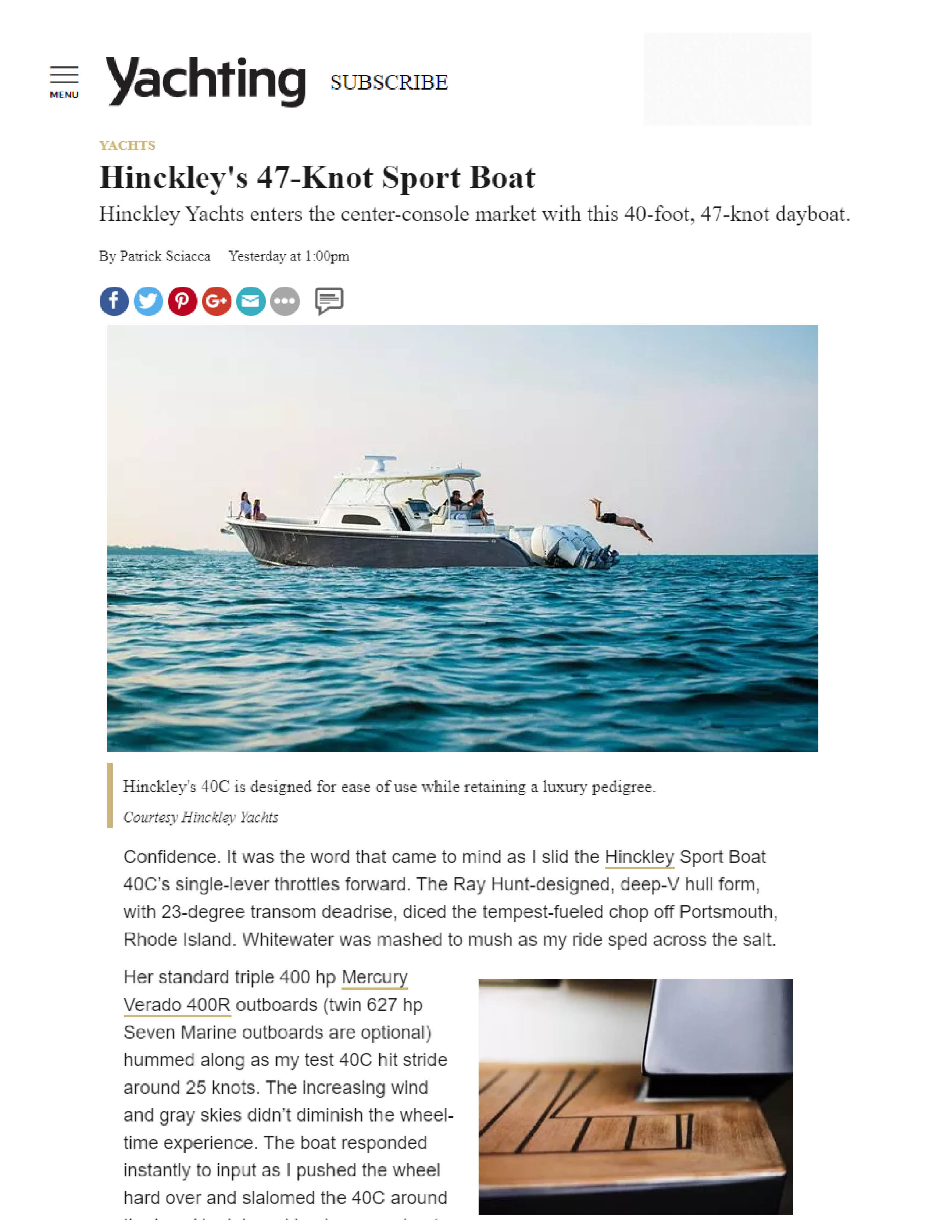 Hinckley Sport Boats Featured in Yachting